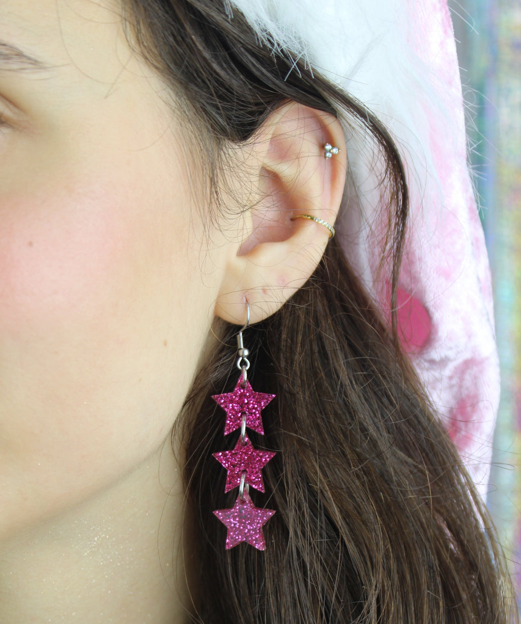 Pink Glitter Star Trio Earrings