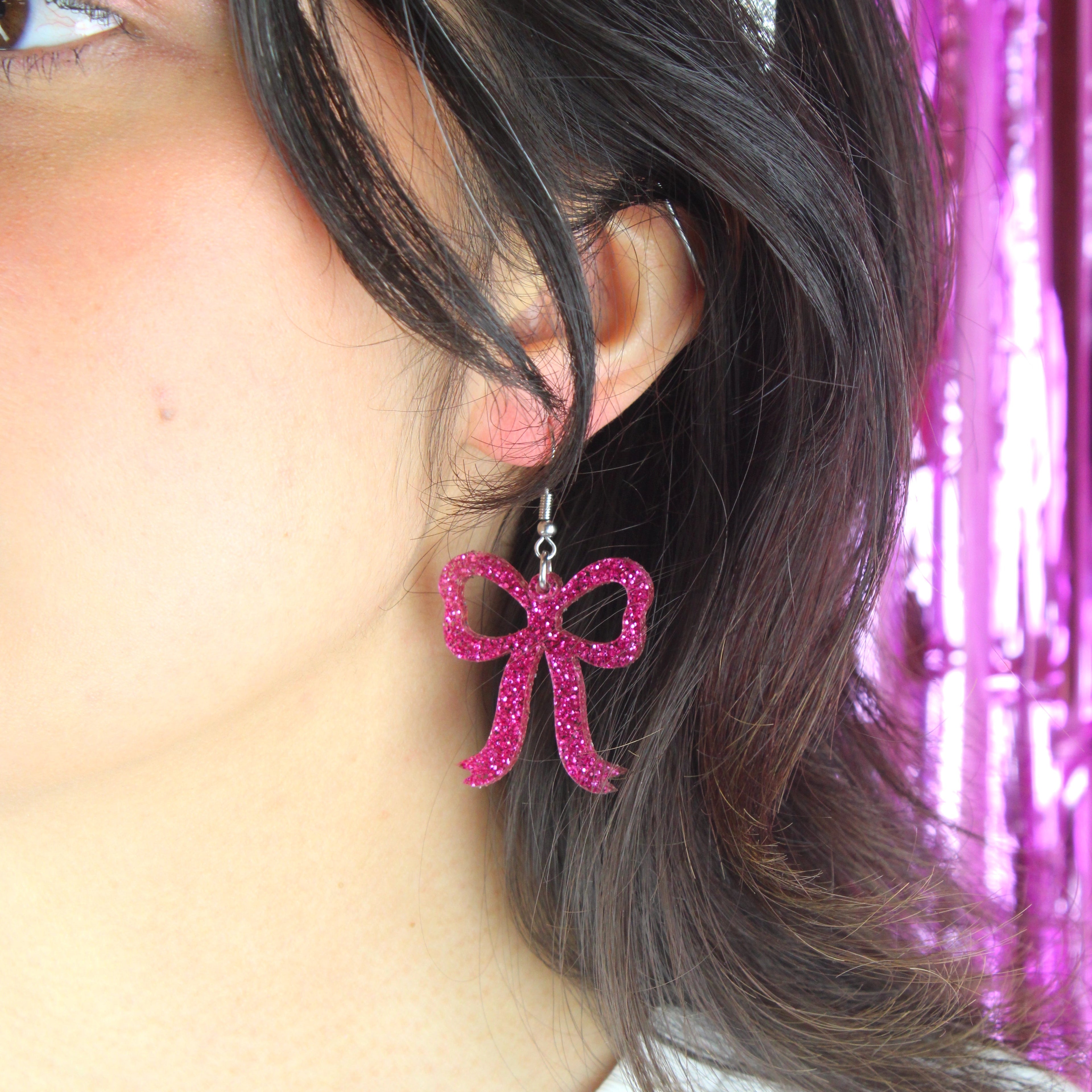 Pink Glitter Bow Earrings