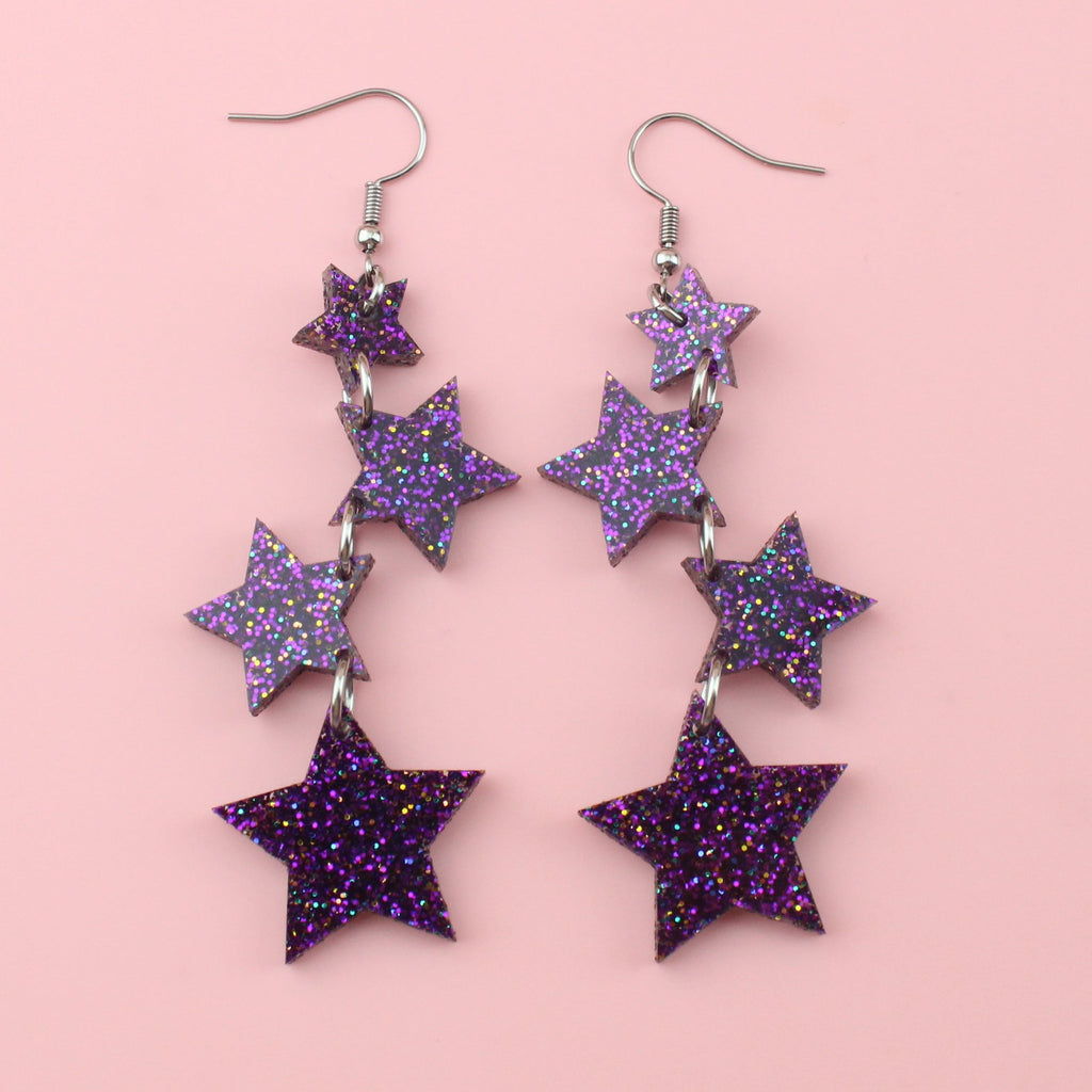 Purple Glitter Cascading Star Drop Earrings