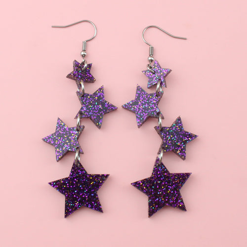 Purple Glitter Cascading Star Drop Earrings