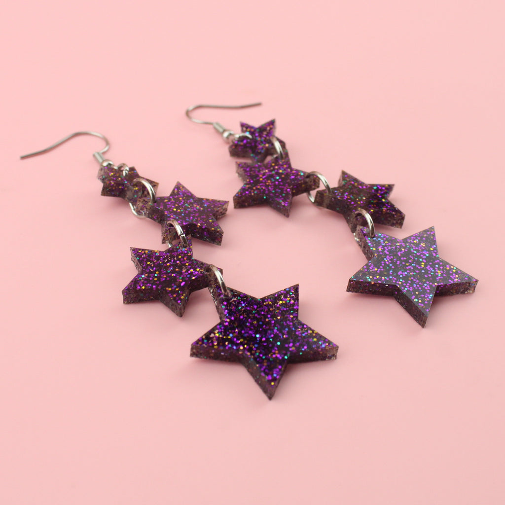 Purple Glitter Cascading Star Drop Earrings