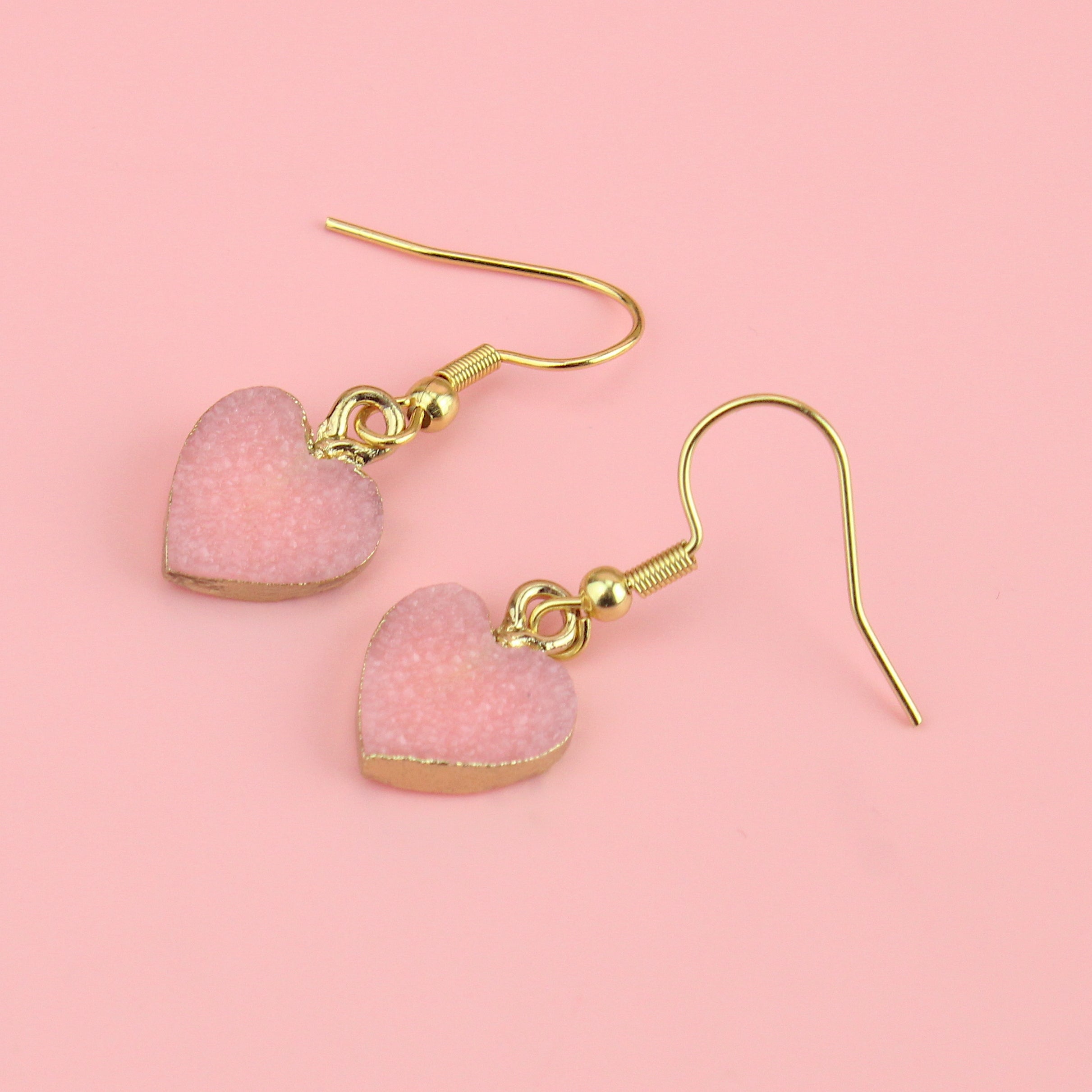 Pink Druzy Heart Earrings